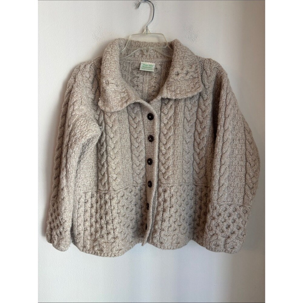 Aran Isles wool handmade Handknit Cable Button-Up Cardigan Jacket Beige Womens M